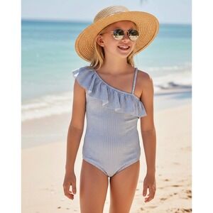 H&M Girls Size 16  Striped Ruffle One Shoulder Swimsuit Bathing Suit Beach